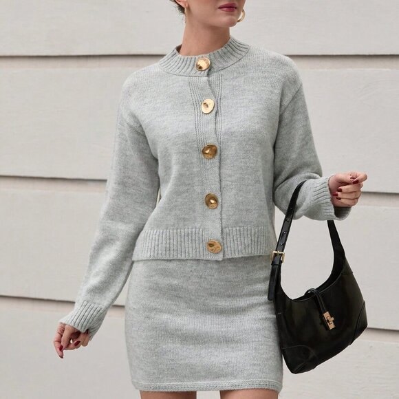 Grey Casual Women's Gold Button Round Neck Cardigan Two-Piece Set - Picture 4 of 6